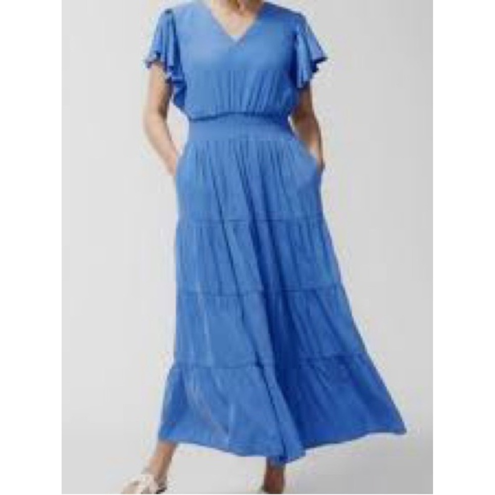 Chico's Blue Smocked Waist Tiered Maxi Dress Flutter Sleeve Size 00 US 2